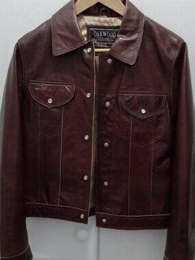 Oakwood Classic Distressed Brown Leather Trucker Jacket Women Medium Snap Front